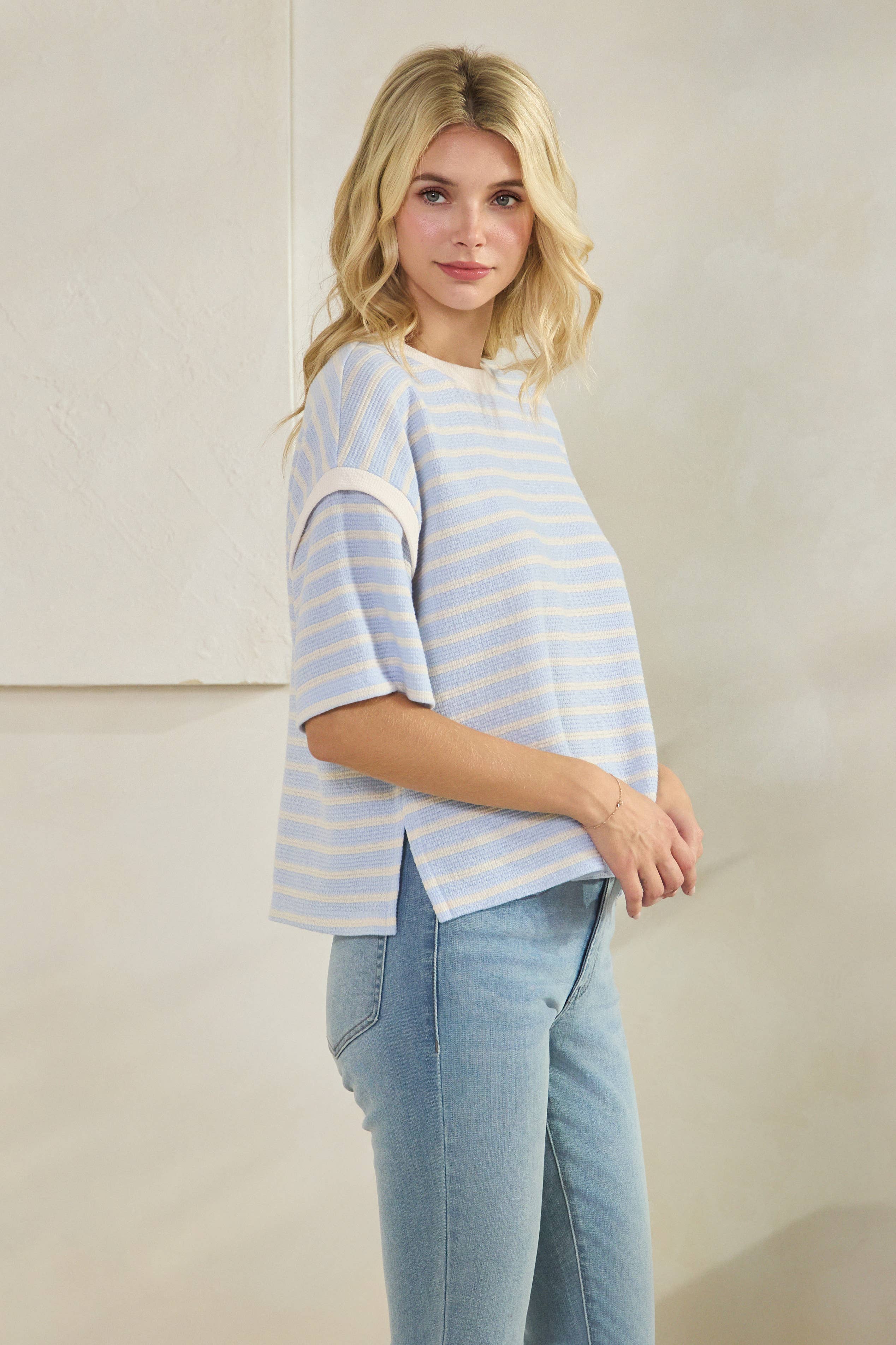 Cloudy Blue Knit Stripe Top - Ana Patricia Boutique