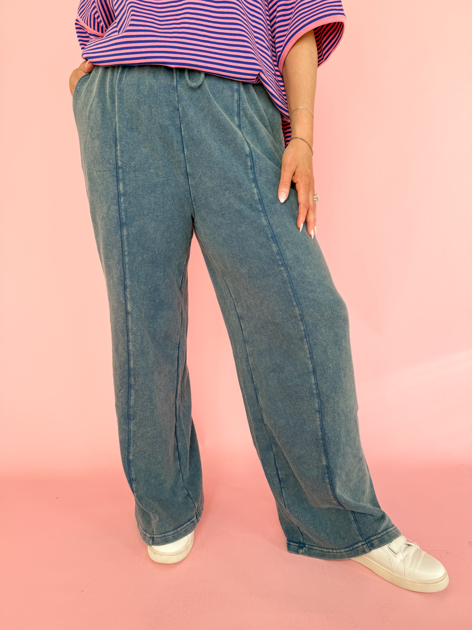 Acid Wash Wide Leg Pants-Navy - Ana Patricia Boutique