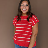 Stripe Knit Sweater Top- Tomato Red