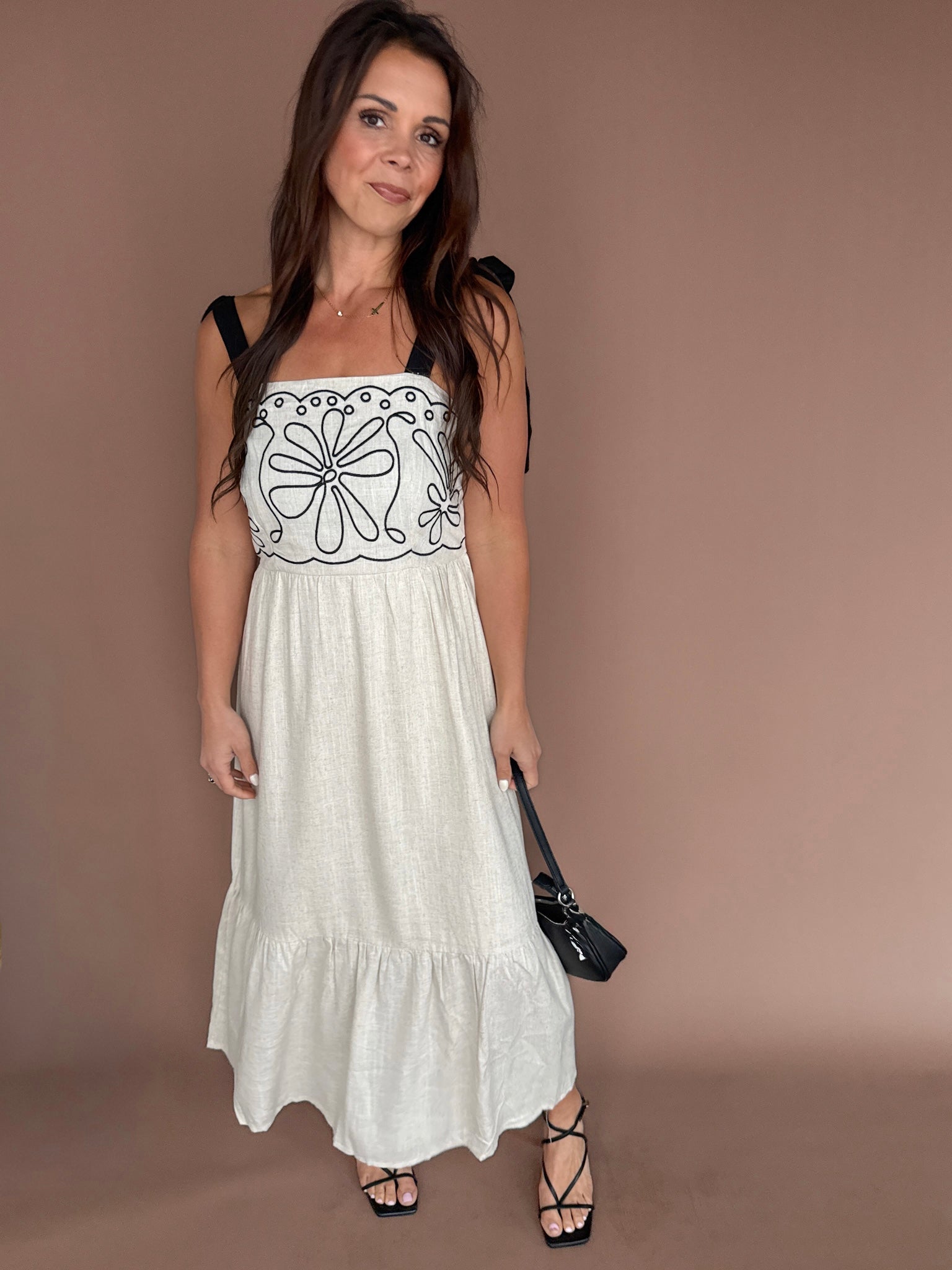 Embroidery Detail Midi Dress- Oatmeal - Ana Patricia Boutique