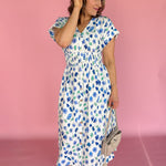 Floral Print Smocked Waist Midi Dress-White/Blue - Ana Patricia Boutique