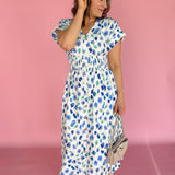 Floral Print Smocked Waist Midi Dress-White/Blue - Ana Patricia Boutique