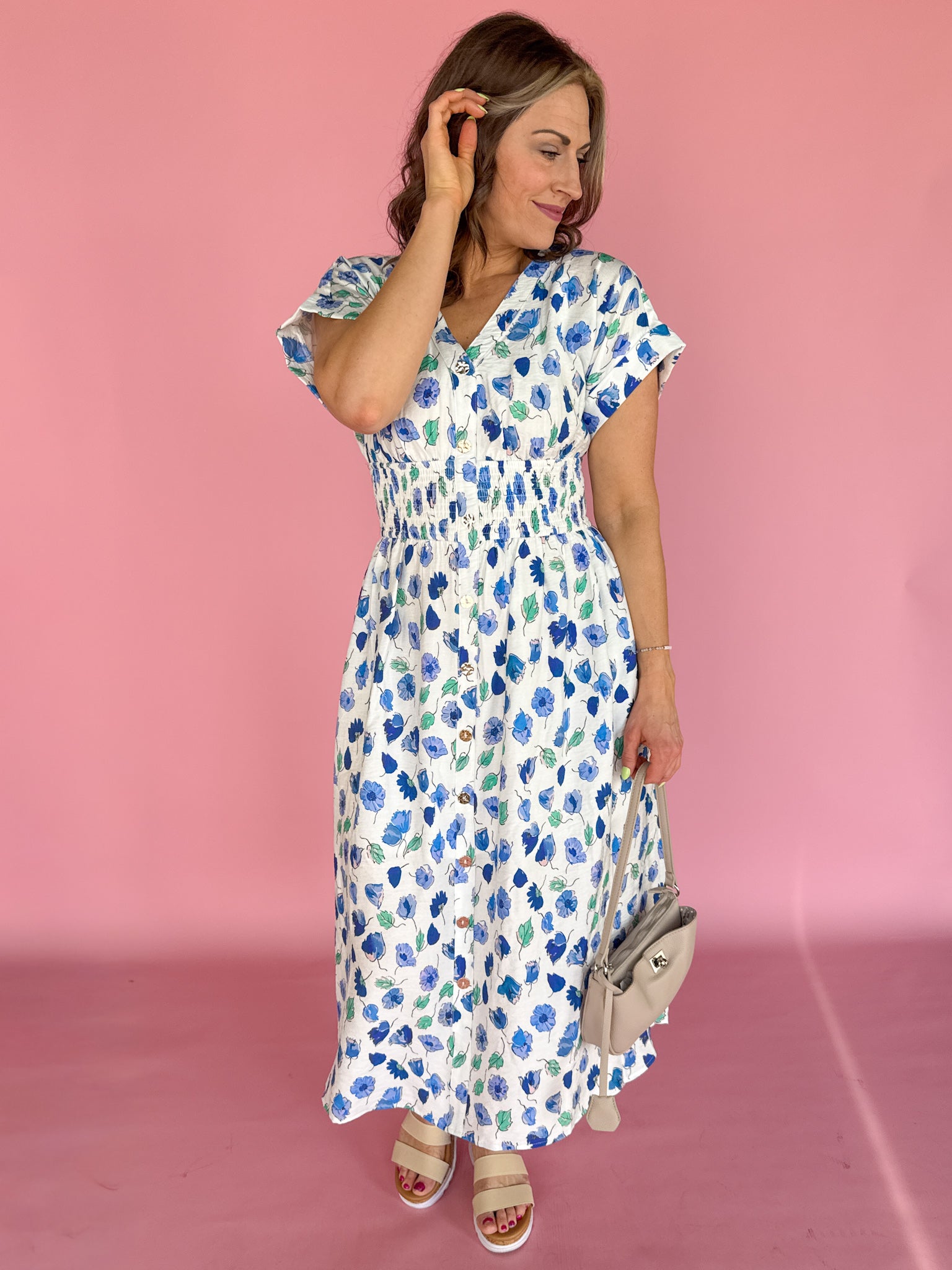 Floral Print Smocked Waist Midi Dress-White/Blue - Ana Patricia Boutique