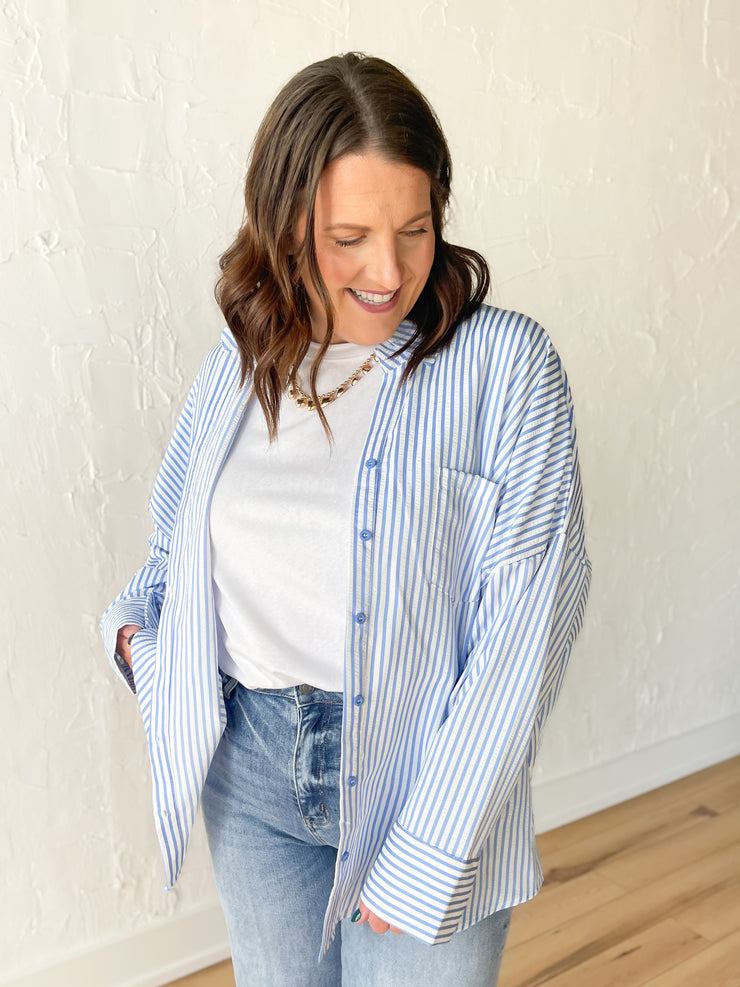 Oversized Stripe Button Up- Blue