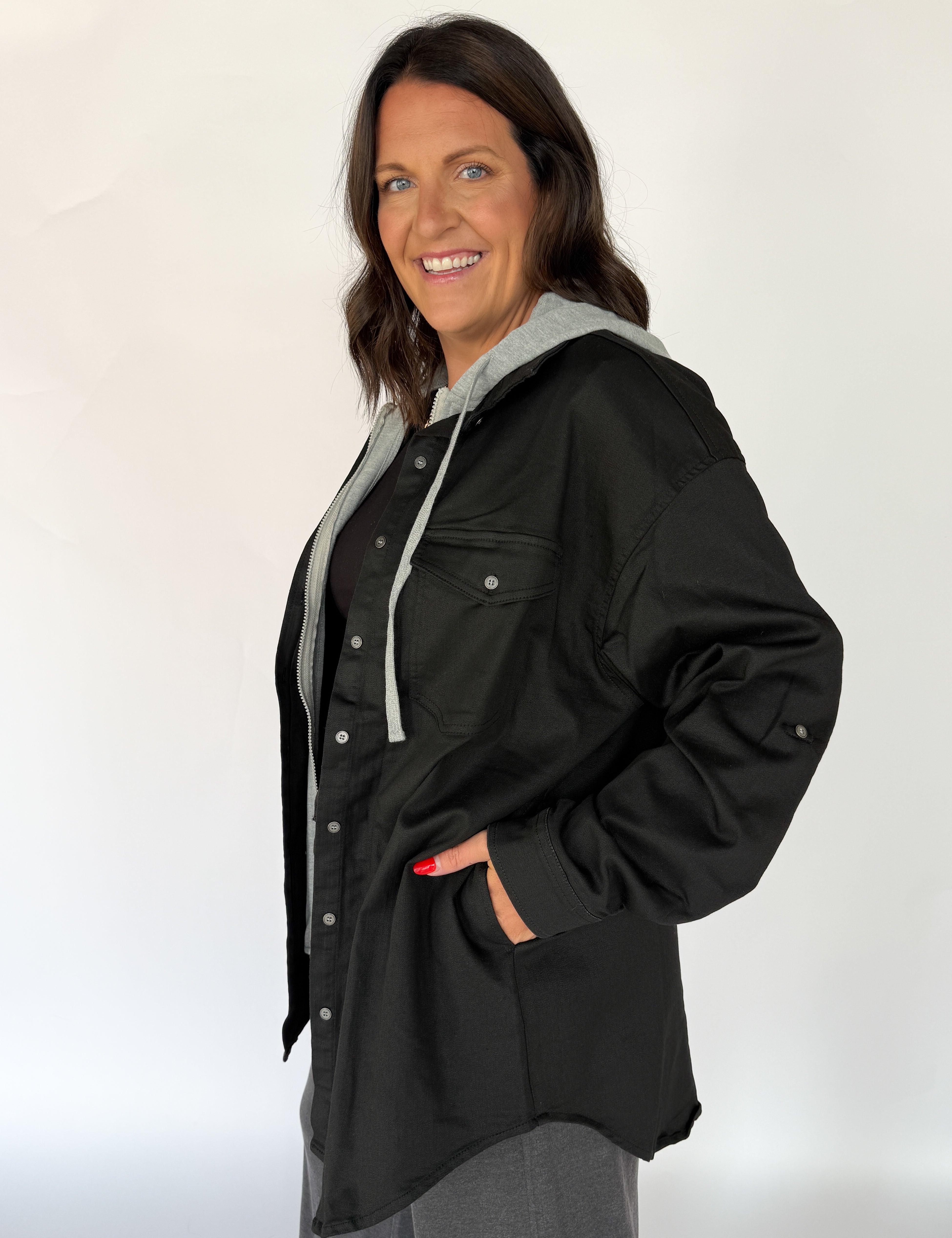 Denim Hoodie Jacket- Black - Ana Patricia Boutique