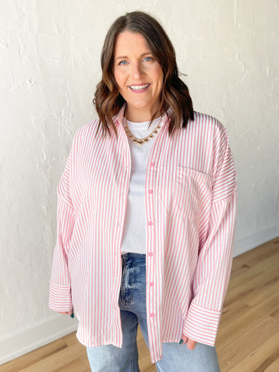 Oversized Stripe Button Up-Pink