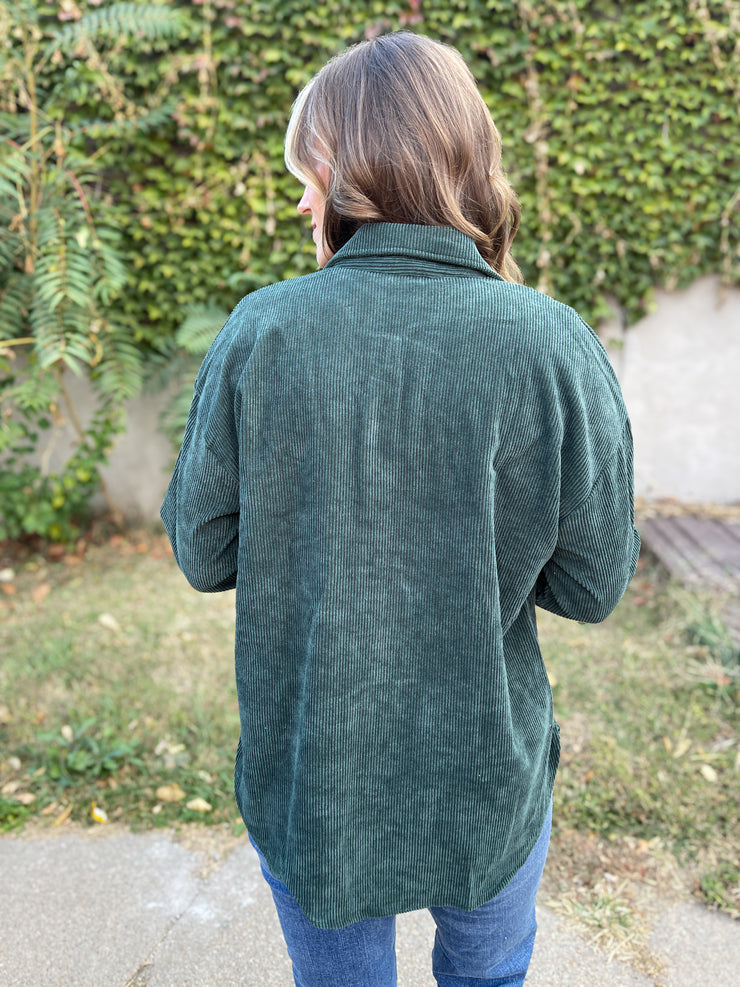 The Bonnie Corduroy Button Up- Forest Green