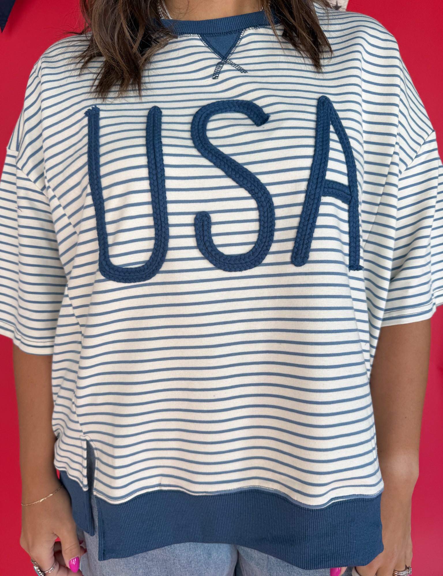 USA Rope Embroidery Top- Blue - Ana Patricia Boutique