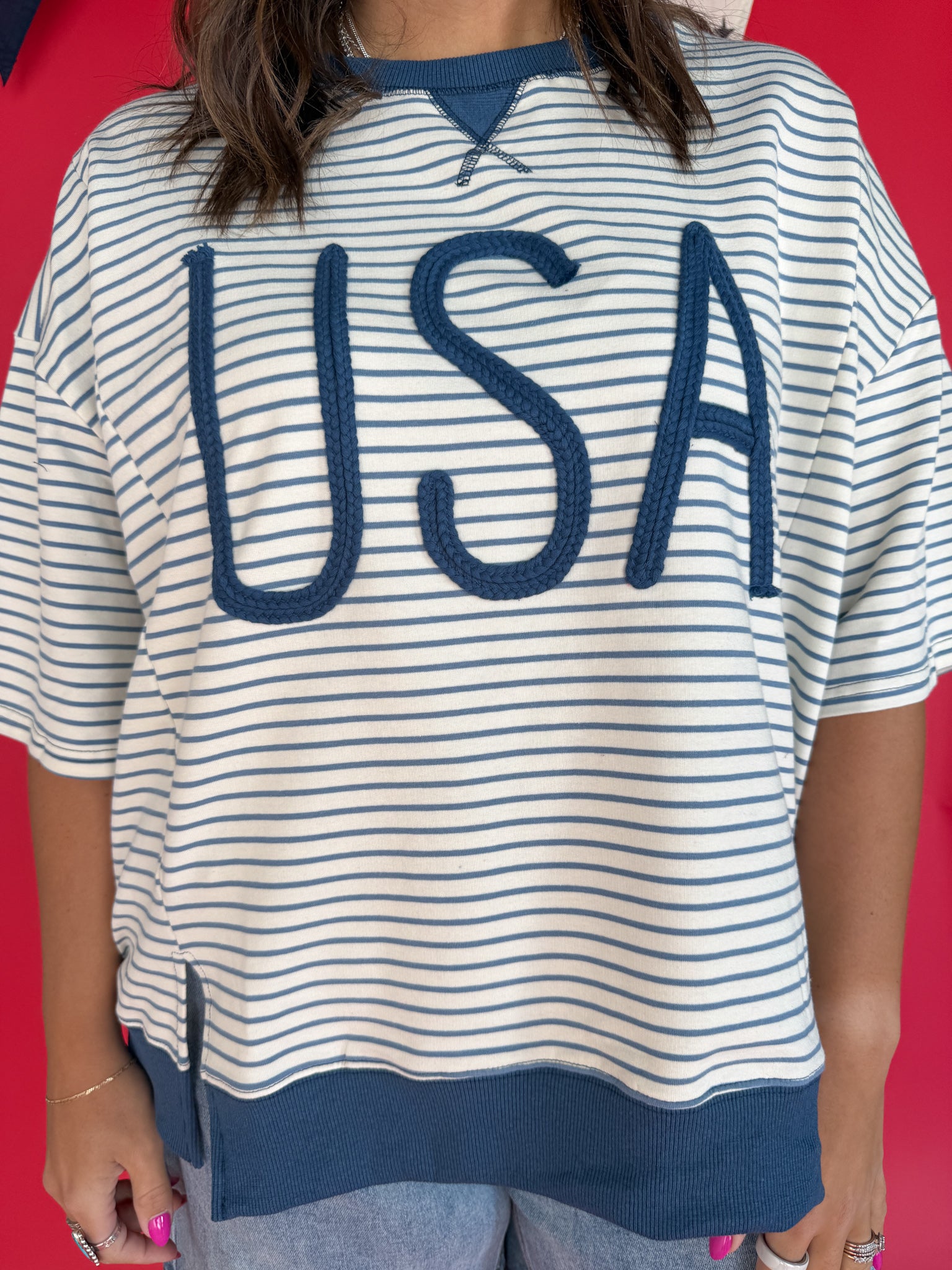 USA Rope Embroidery Top- Blue - Ana Patricia Boutique