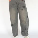 Star Printed Barrel Jeans- Charcoal - Ana Patricia Boutique