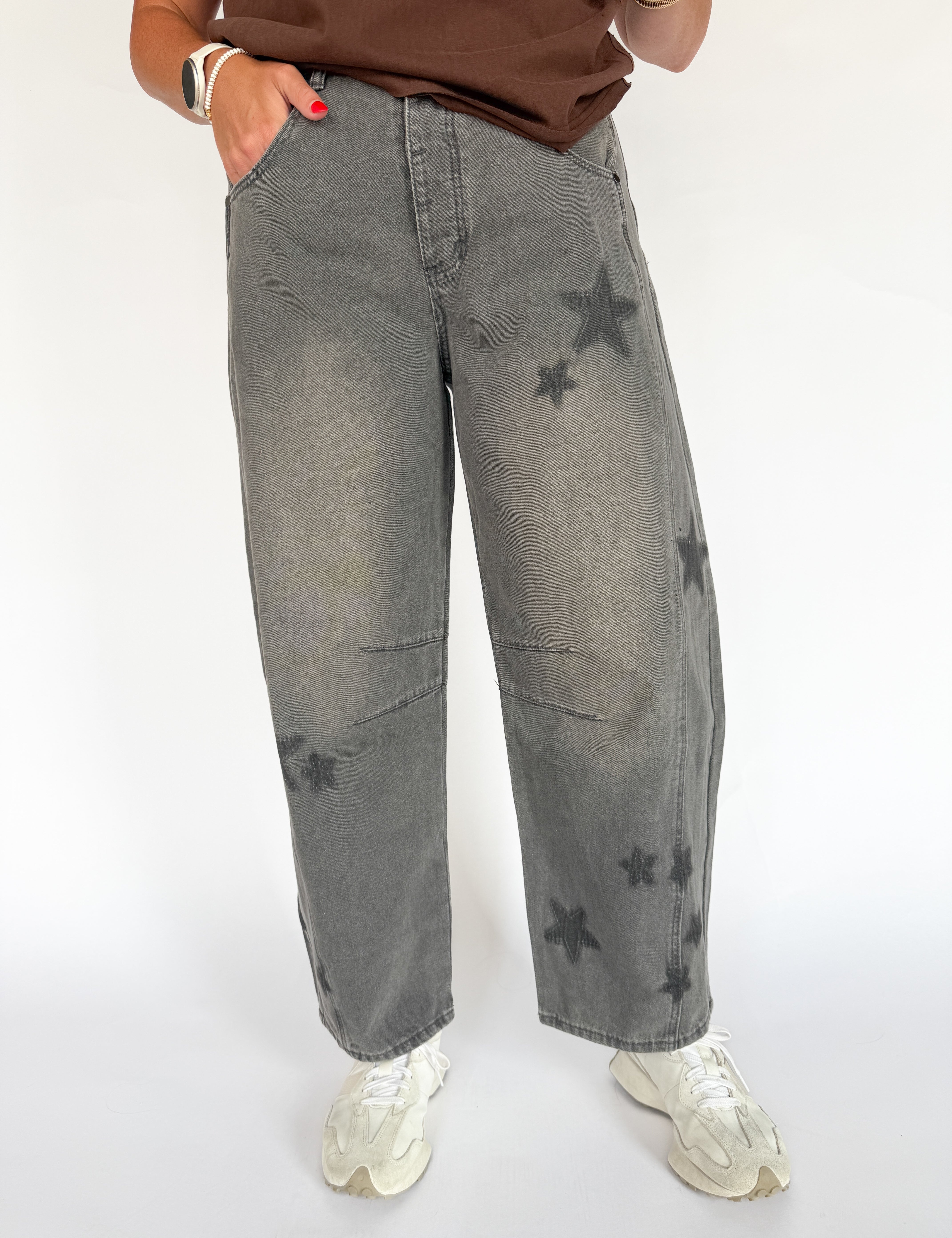 Star Printed Barrel Jeans- Charcoal - Ana Patricia Boutique