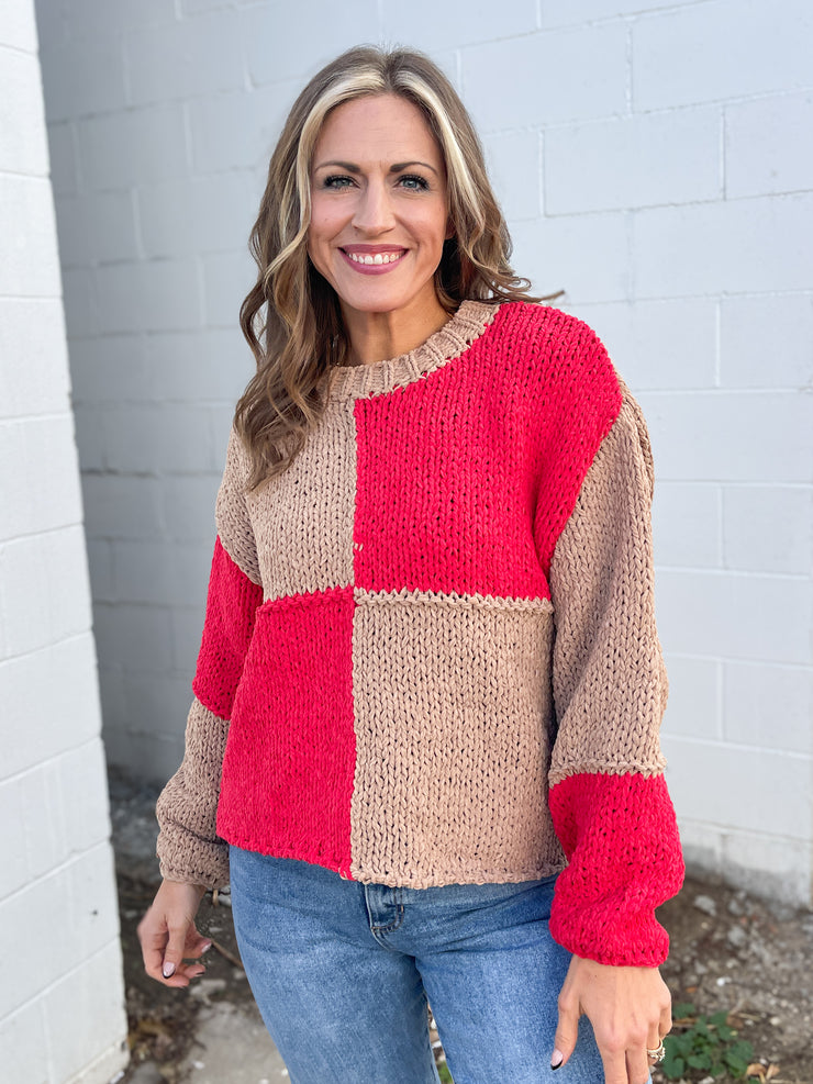 The April Sweater- Taupe/Coral Red