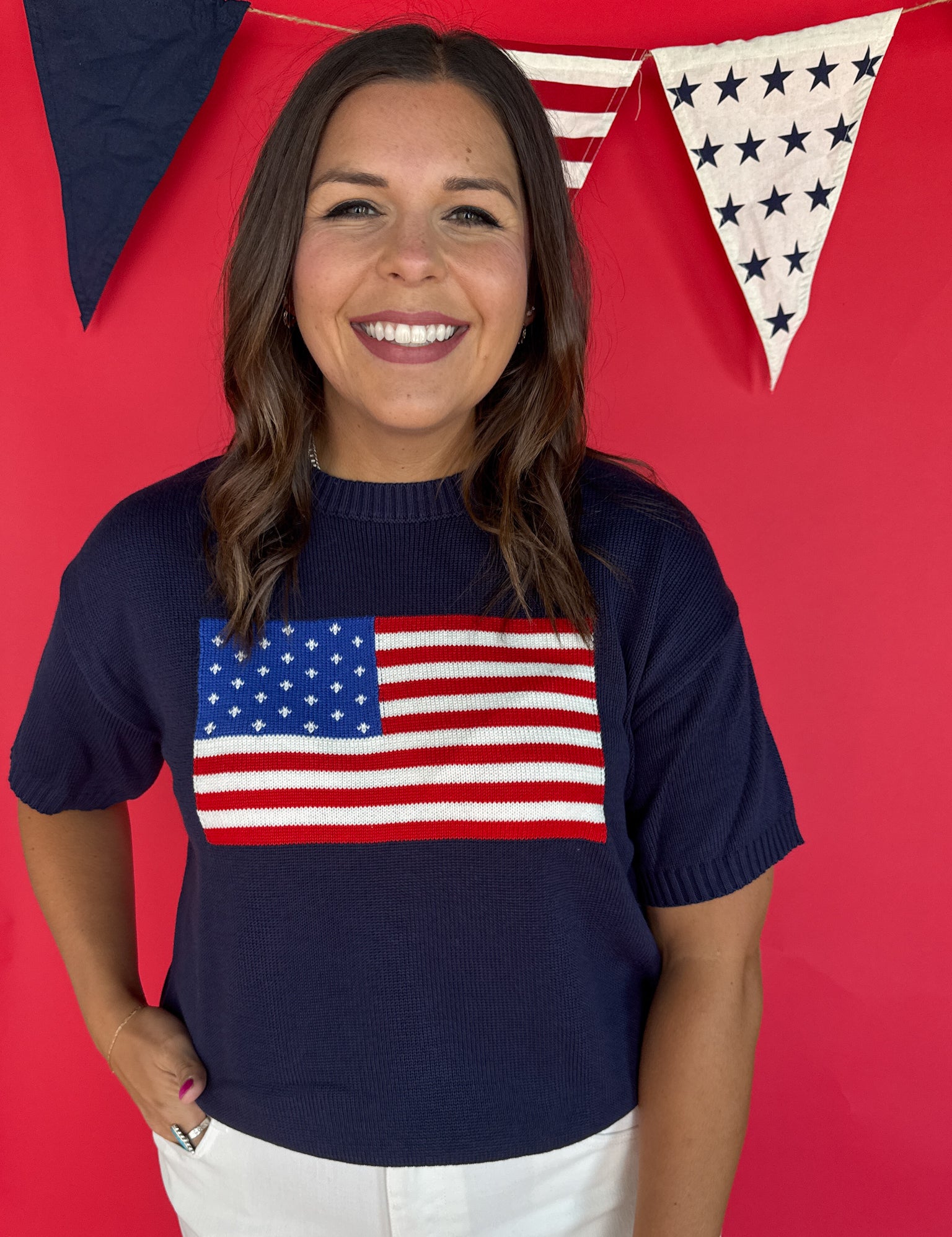 American Flag Knit Top- Navy - Ana Patricia Boutique