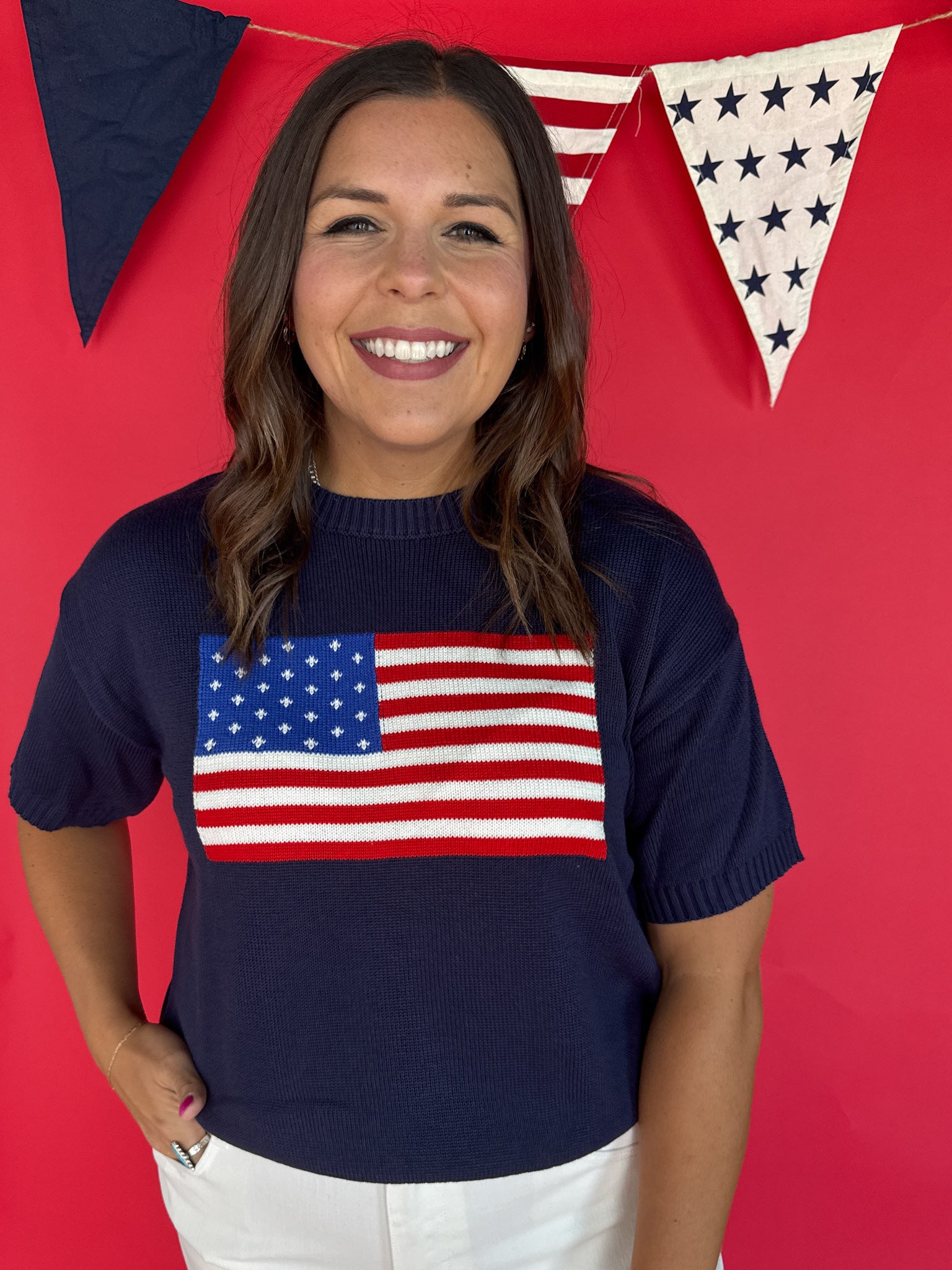 American Flag Knit Top- Navy - Ana Patricia Boutique