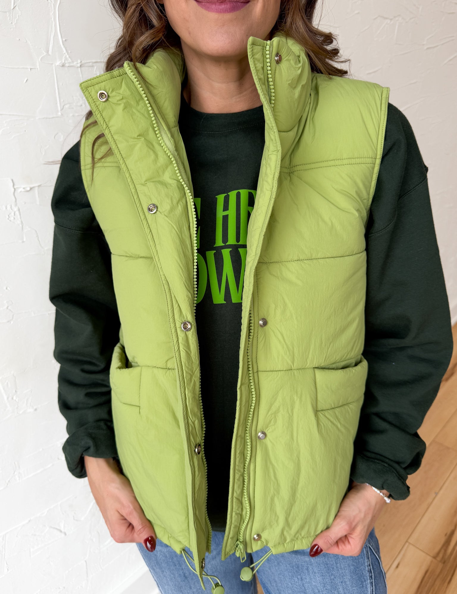 High Collar Padded Vest-Light Green - Ana Patricia Boutique
