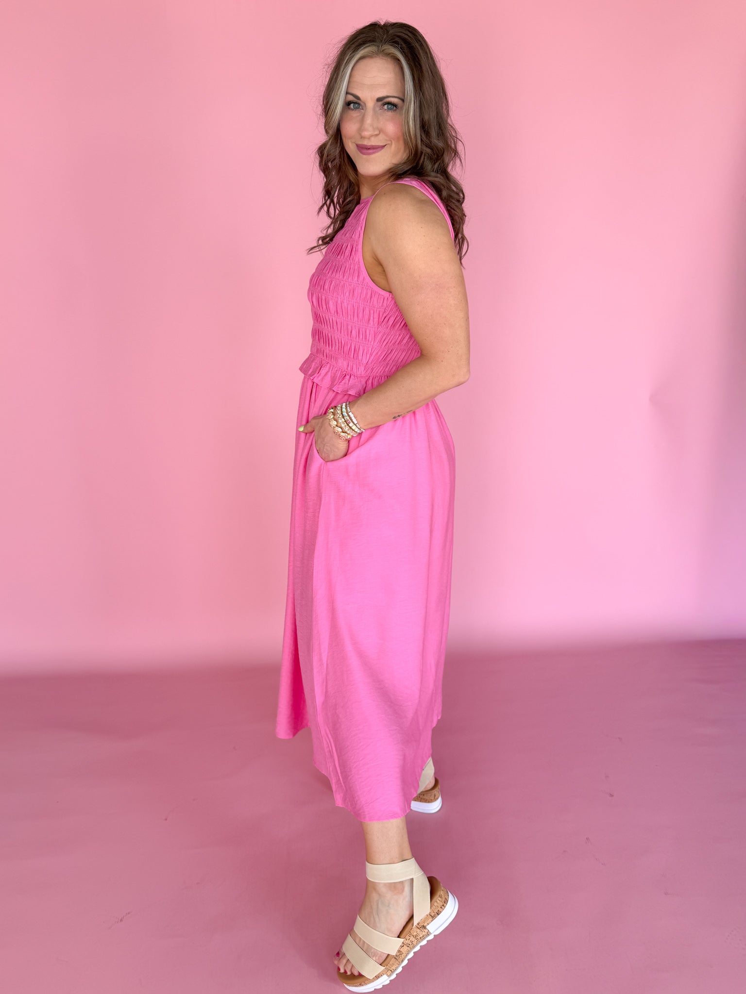 Smocked Bodice Midi Dress- Pink - Ana Patricia Boutique