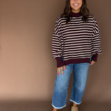 Striped Mock Neck Sweatshirt- Burgundy/Ecru