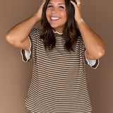 Scallop Trim Stripe Knit Top-Mocha