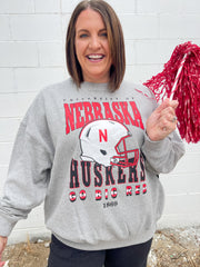 Nebraska Huskers Helmet Crewneck- Heather Grey