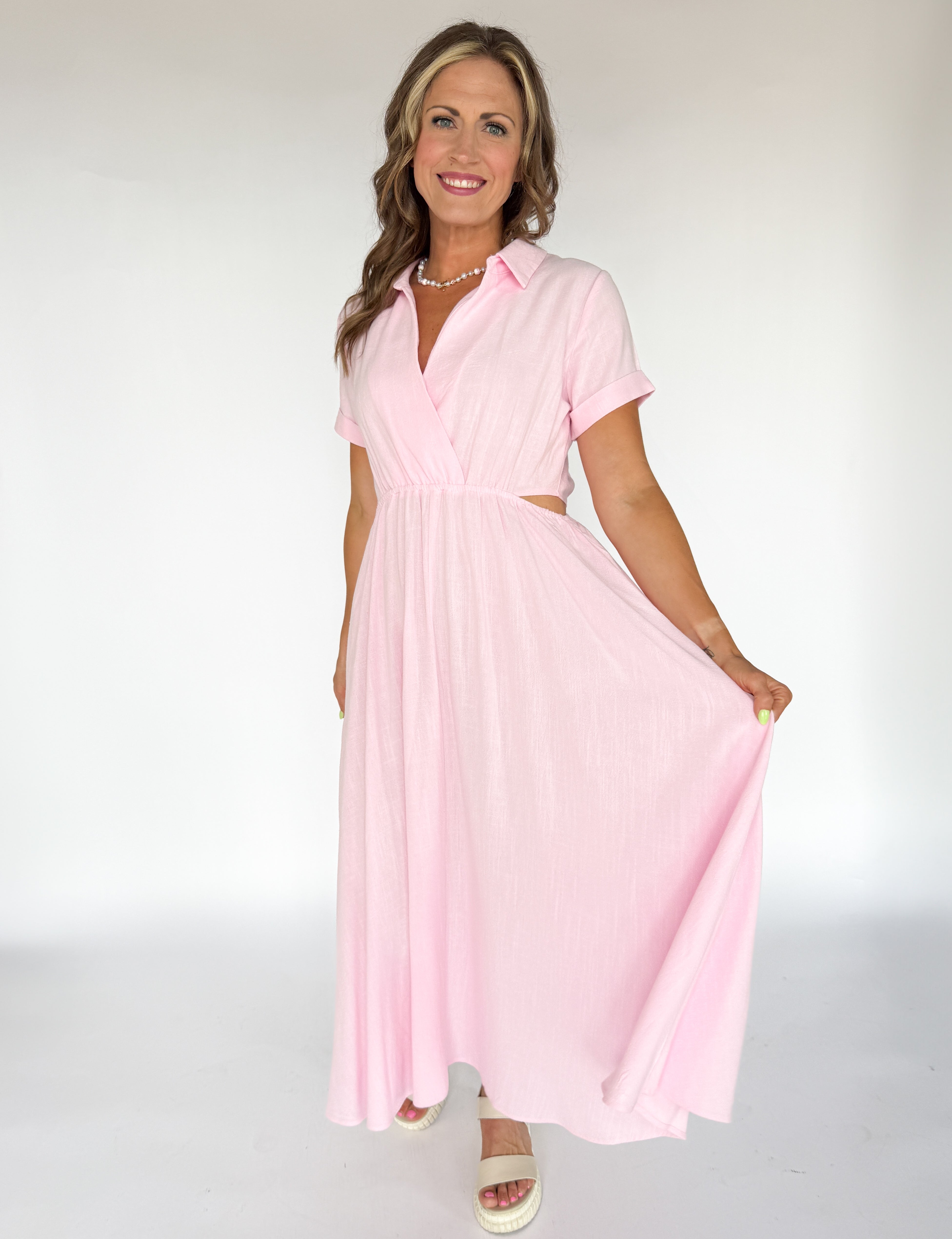 Cut Out Side Maxi Shirtdress- Pink Medium Cut Out Side Maxi Shirtdress- Pink Medium