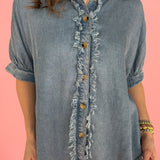 Frayed Trim Denim Button Up