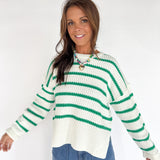 Boat Neck Stripe Sweater-Green