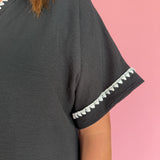 Scallop Embroidery Collared Top- Black - Ana Patricia Boutique