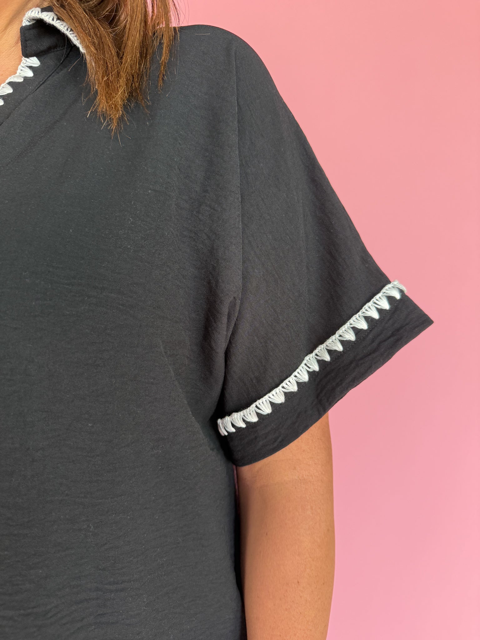 Scallop Embroidery Collared Top- Black - Ana Patricia Boutique
