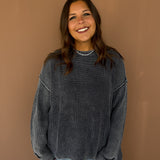 Mineral Wash Folded Cuff Sweater- Navy