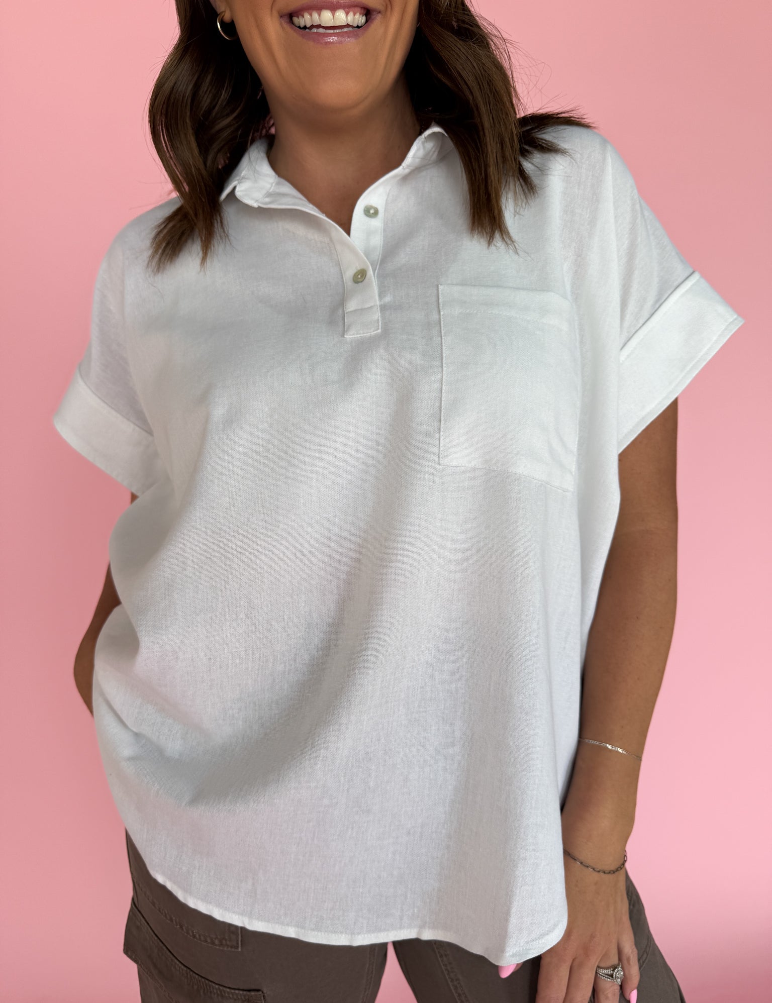 Collared Woven Top- White - Ana Patricia Boutique