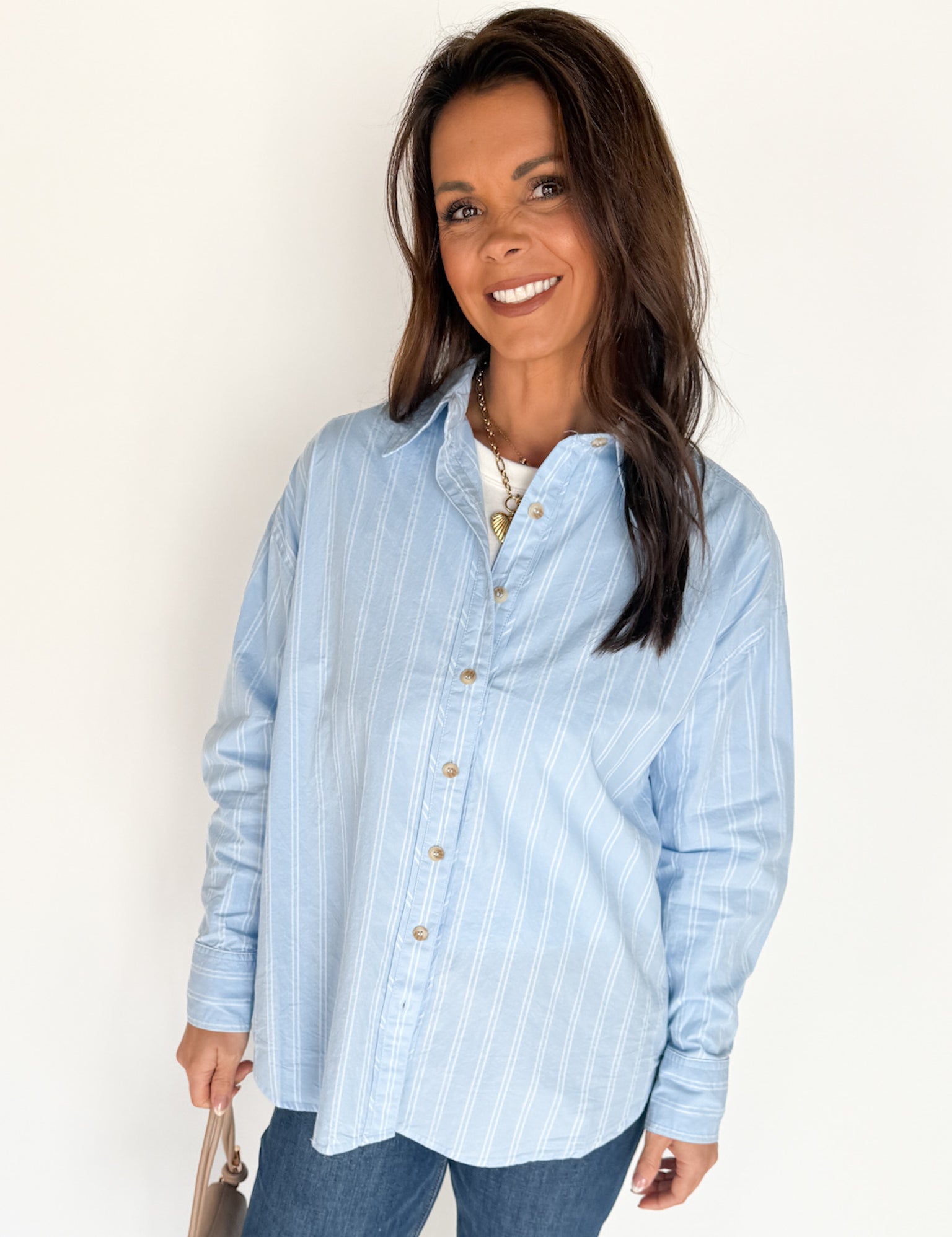 Oversized Stripe Button Up Top- Blue - Ana Patricia Boutique
