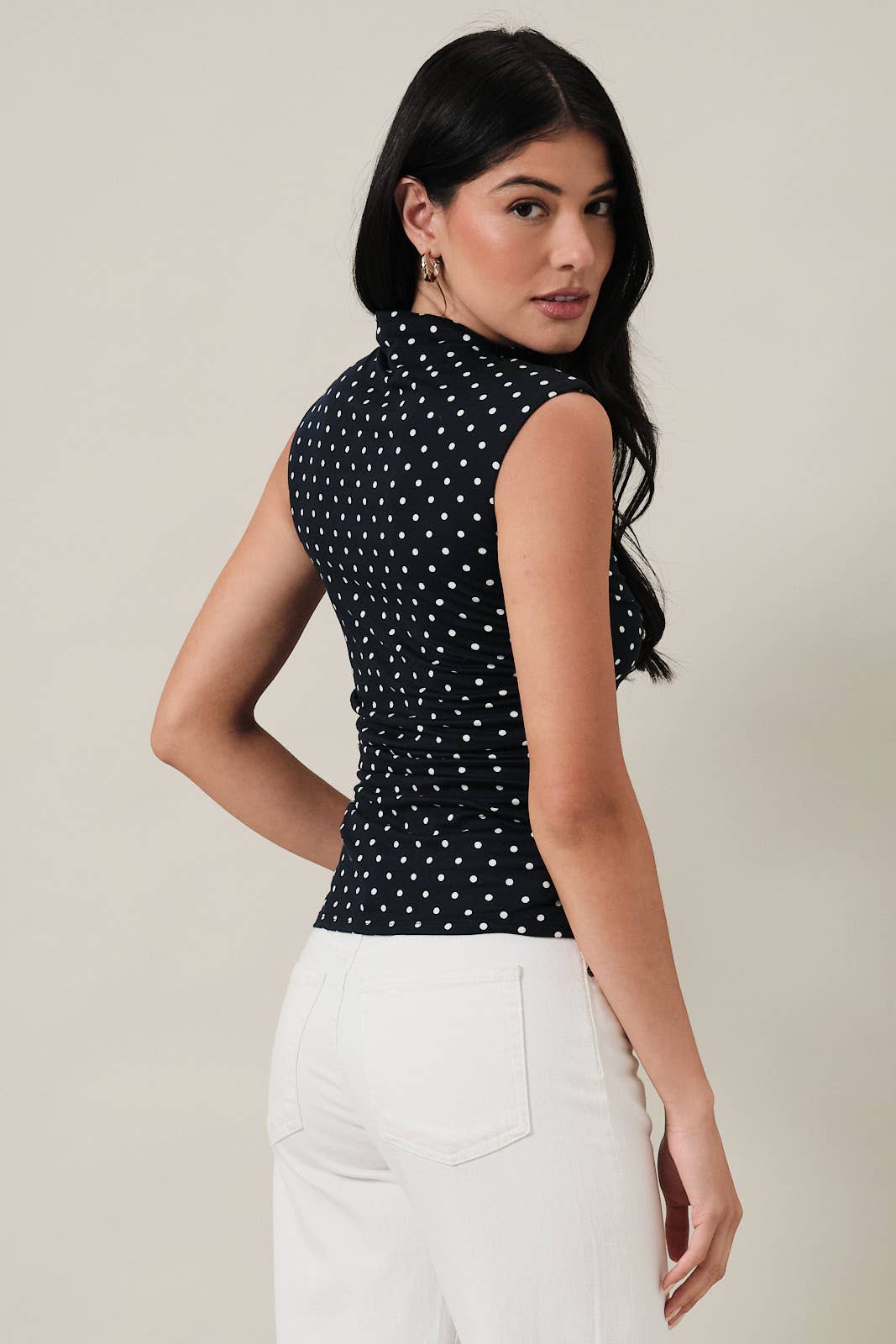 Mock Neck Polka Dot Top- Navy - Ana Patricia Boutique