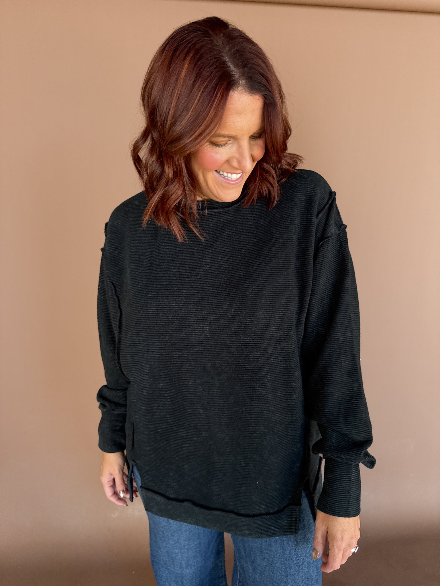 Ribbed Mineral Wash Pullover- Black - Ana Patricia Boutique