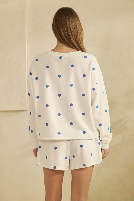 Polka Dot Cropped Crewneck: Blue/White - Ana Patricia Boutique
