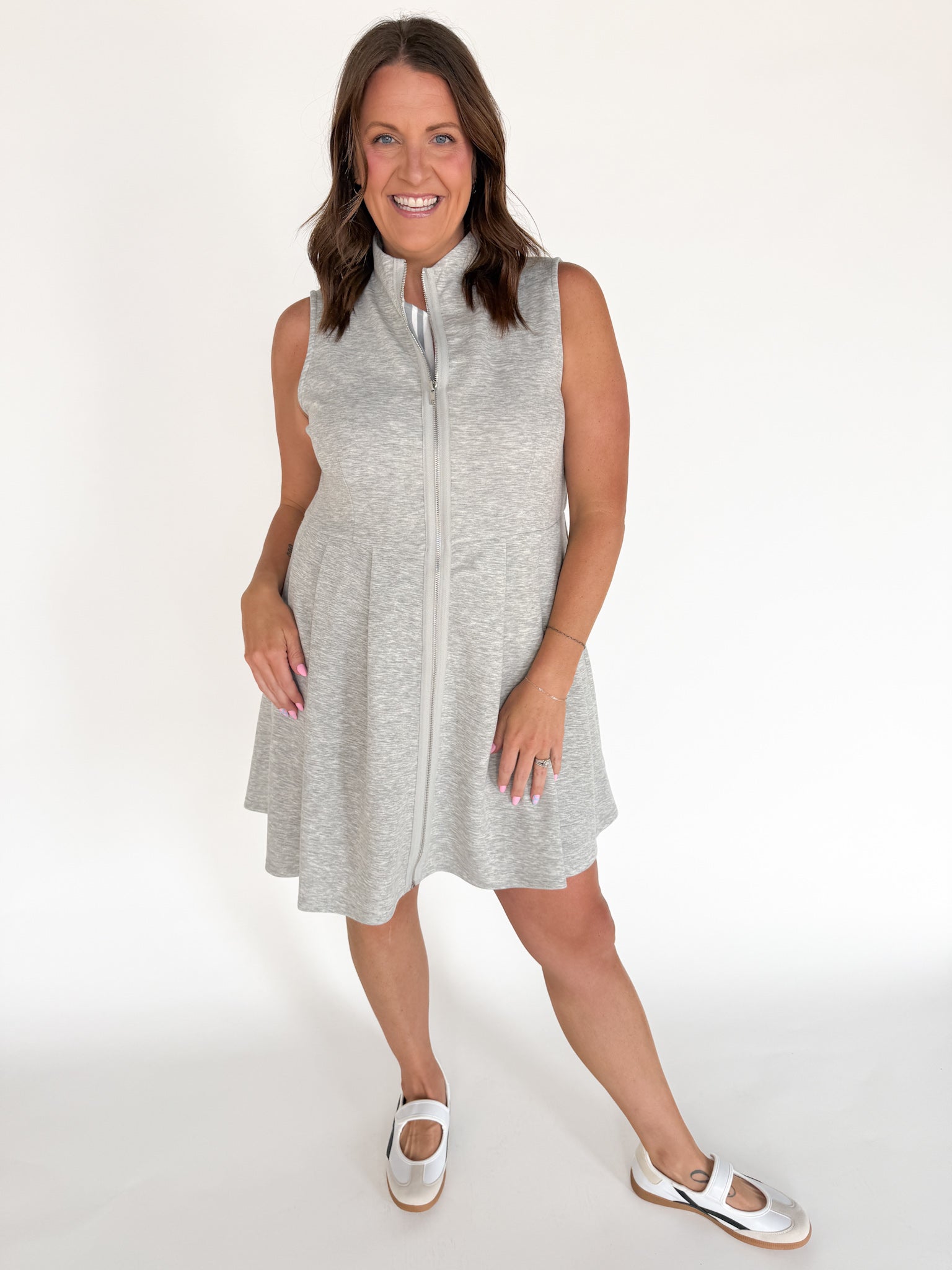 Sleeveless Scuba Zip Up Dress-Grey - Ana Patricia Boutique