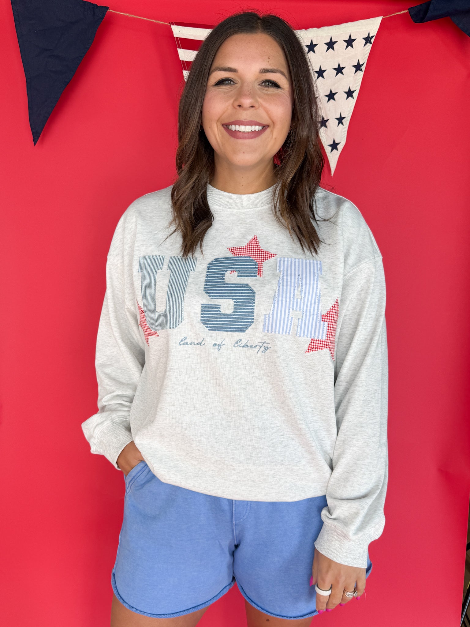 USA Patchwork Crewneck- Grey - Ana Patricia Boutique