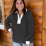 Contrast Collar Stripe Top- Black