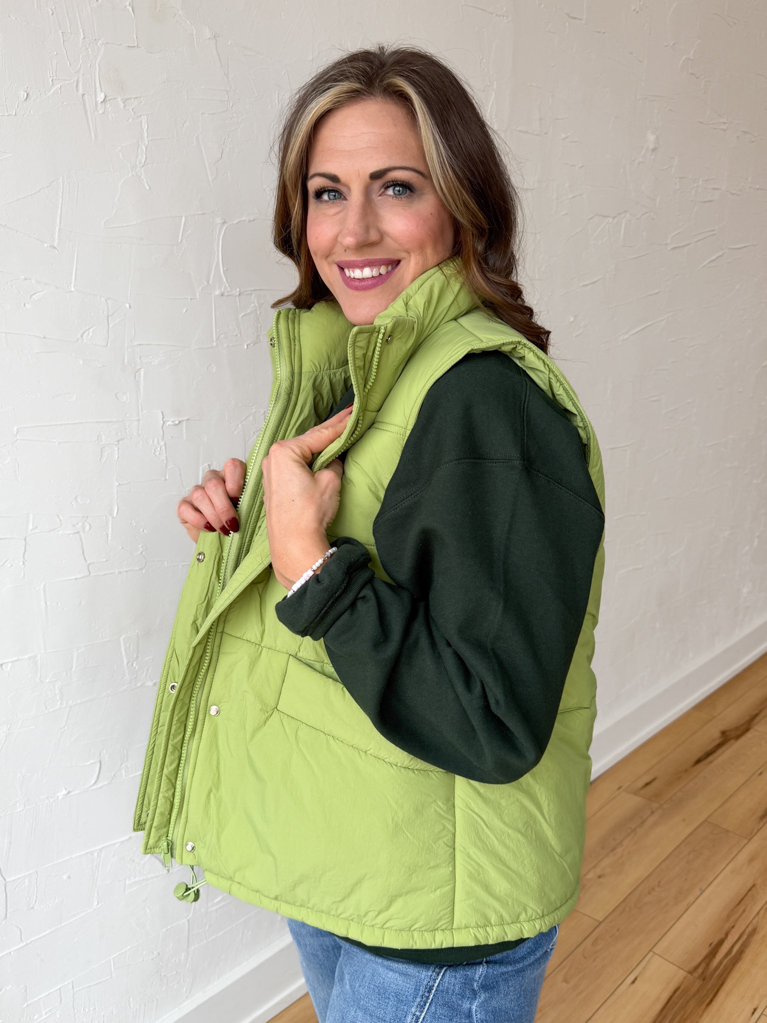 High Collar Padded Vest-Light Green - Ana Patricia Boutique