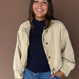 High Collar Denim Jacket- Beige