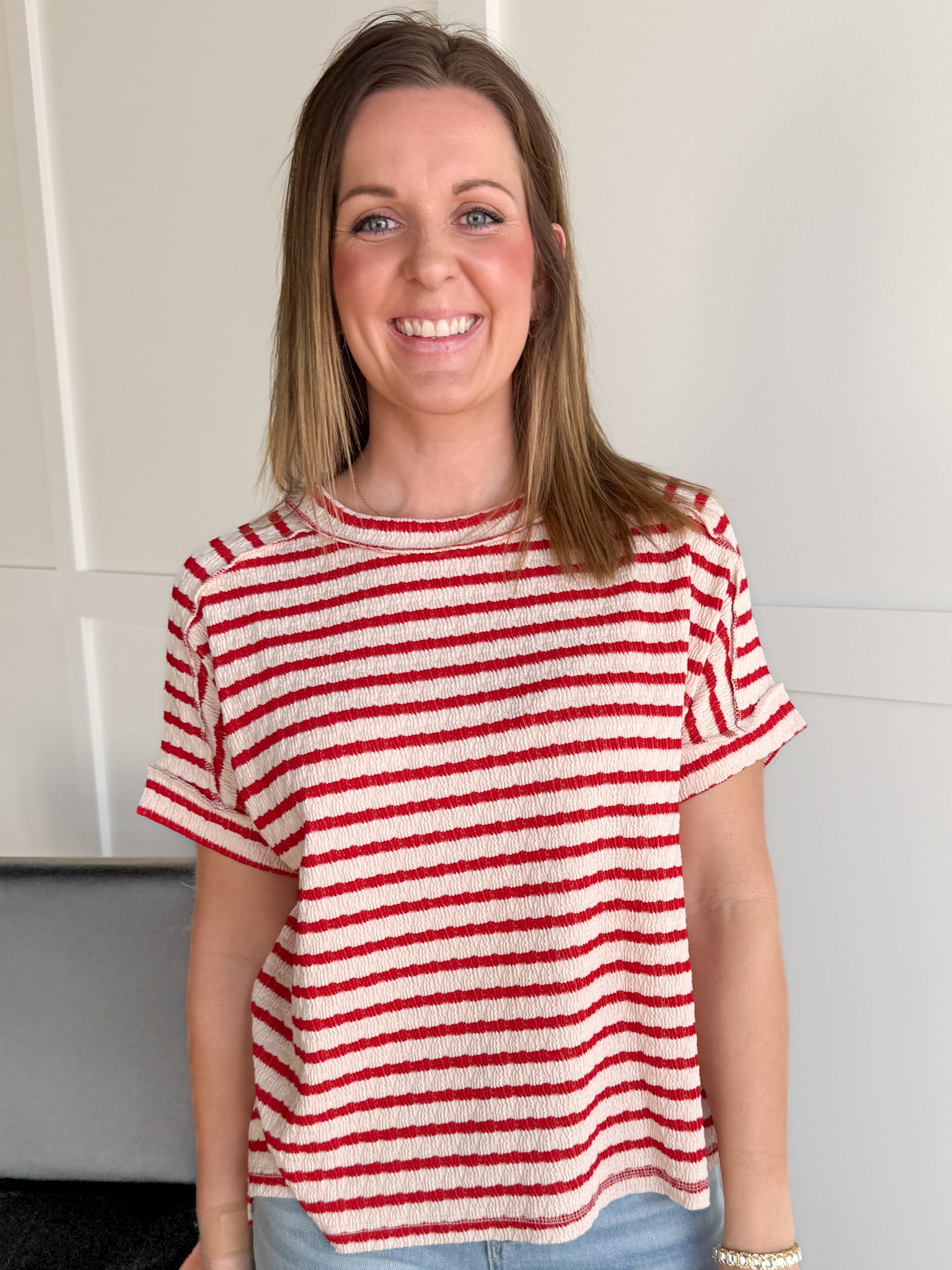 Striped Hi Lo Short Sleeve Top- Red - Ana Patricia Boutique