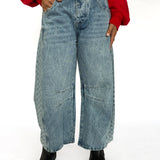 Checkered Side Barrel Jeans
