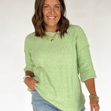 Textured 3/4 Sleeve Sweater- Lime