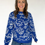 Boucle Floral Knit Sweater- Royal Blue