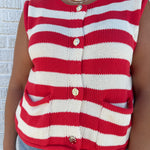 Stripe Button Down Knit Top- Red - Ana Patricia Boutique