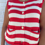 Stripe Button Down Knit Top- Red - Ana Patricia Boutique