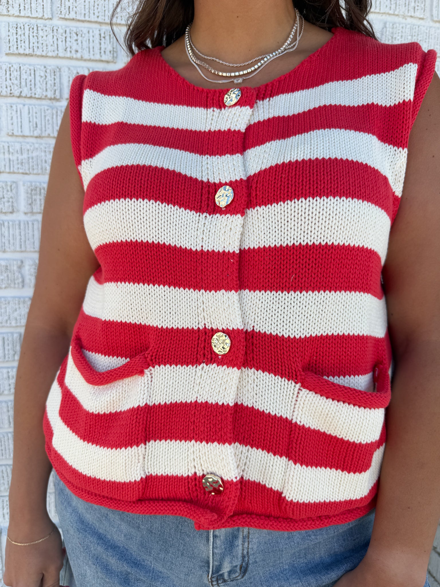 Stripe Button Down Knit Top- Red - Ana Patricia Boutique