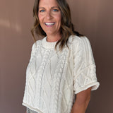 Cable Knit Short Sleeve Sweater- Ivory
