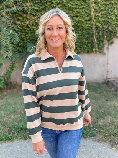 The Carol Stripe Pullover- Green/Taupe