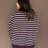 Striped Mock Neck Sweatshirt- Burgundy/Ecru