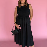 Smocked Bodice Midi Dress- Black - Ana Patricia Boutique